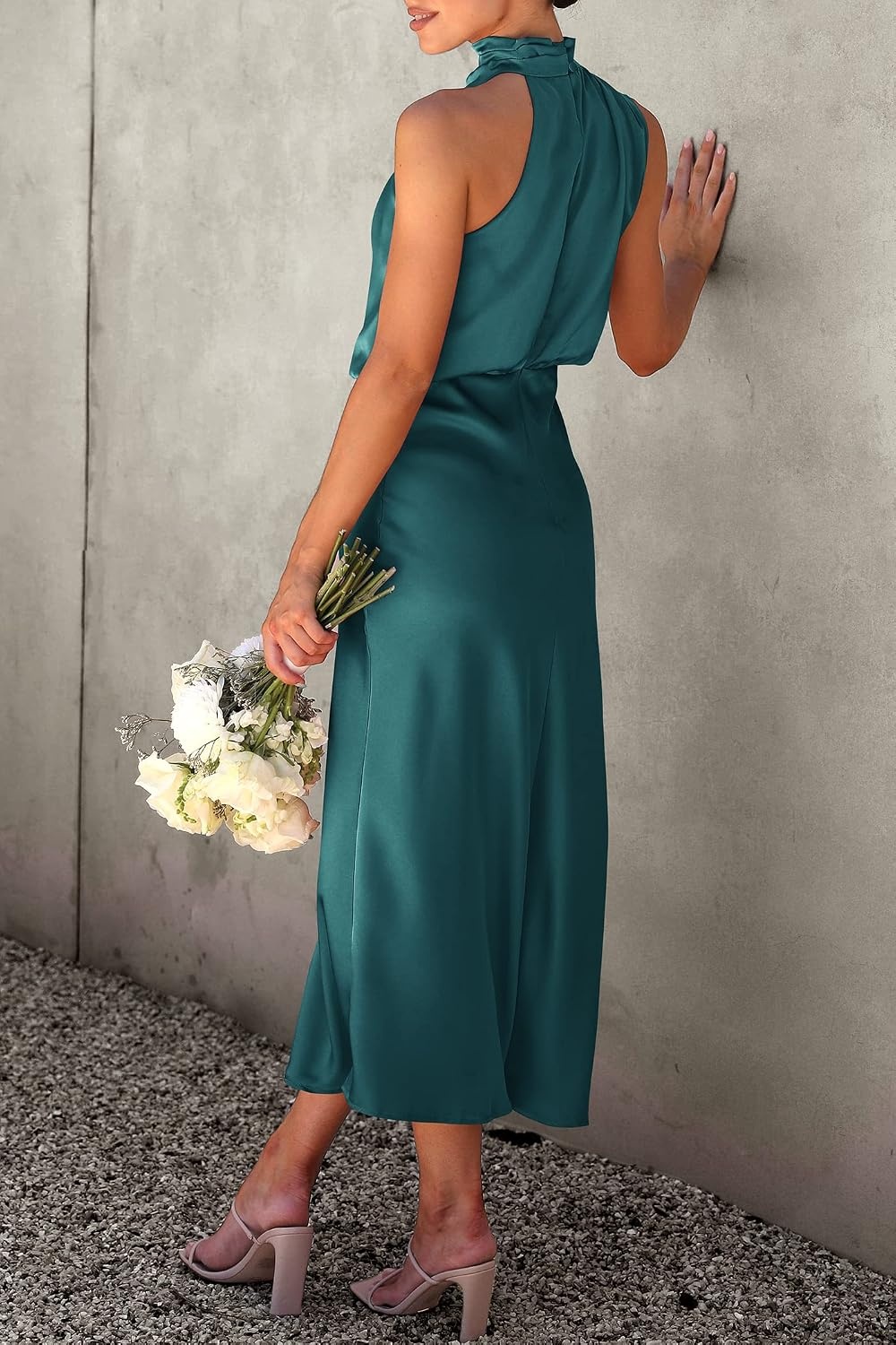 image:imagePRETTYGARDEN Womens Summer Satin Maxi Cocktail Dress Silk FabricSleeveless Mock NeckFit and FlareAsymmetrical Long DressesElegant FormalWedding Guest PartyCruise OutfitsDark Green