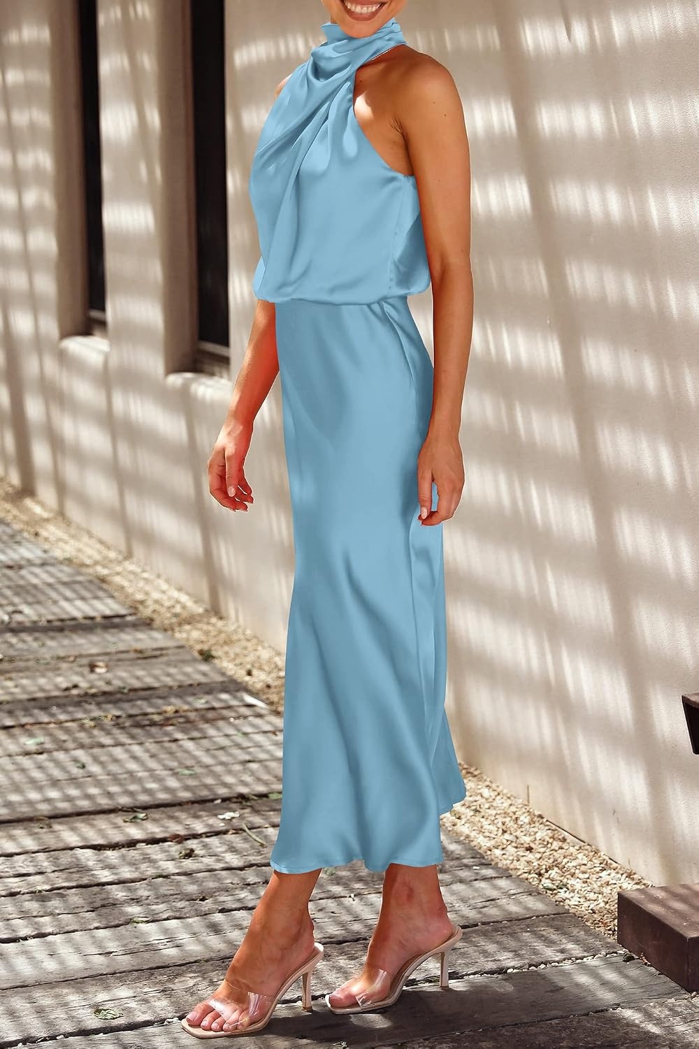 image:imagePRETTYGARDEN Womens Summer Satin Maxi Cocktail Dress Silk FabricSleeveless Mock NeckFit and FlareAsymmetrical Long DressesElegant FormalWedding Guest PartyCruise OutfitsLight Blue
