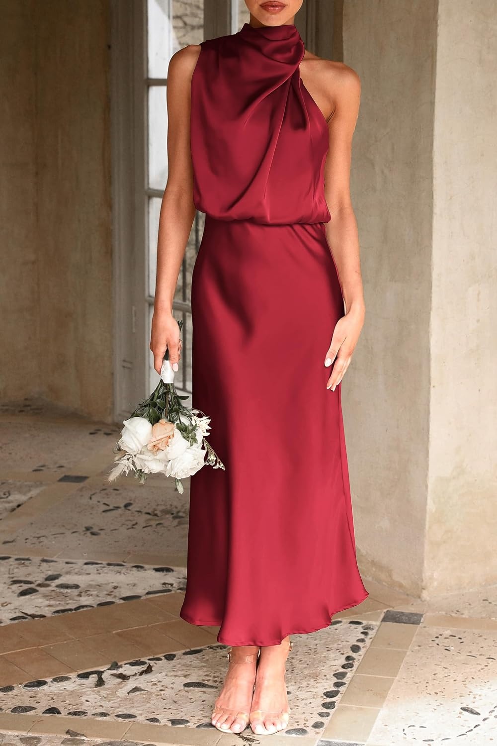 image:imagePRETTYGARDEN Womens Summer Satin Maxi Cocktail Dress Silk FabricSleeveless Mock NeckFit and FlareAsymmetrical Long DressesElegant FormalWedding Guest PartyCruise OutfitsDark Wine Red