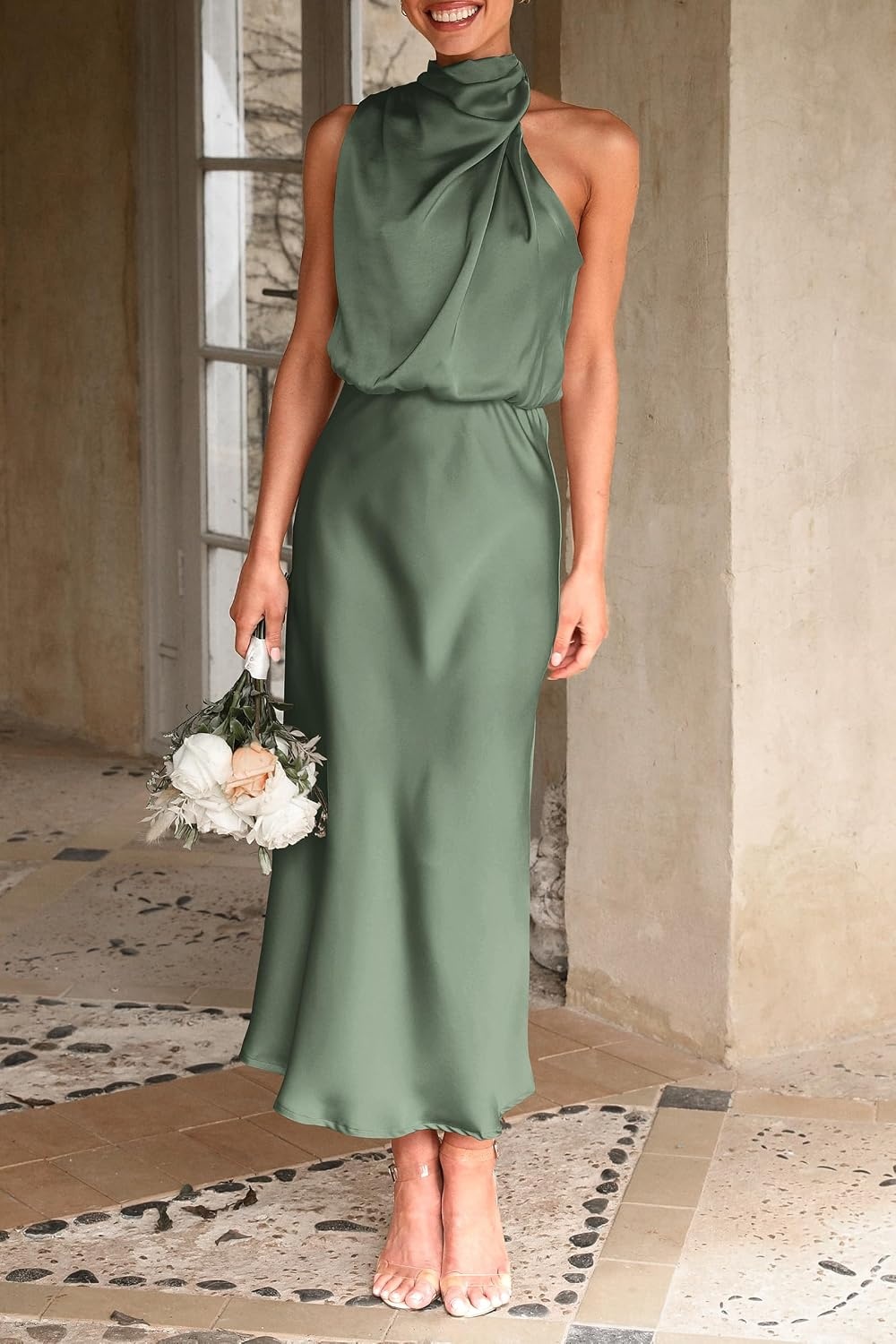 image:imagePRETTYGARDEN Womens Summer Satin Maxi Cocktail Dress Silk FabricSleeveless Mock NeckFit and FlareAsymmetrical Long DressesElegant FormalWedding Guest PartyCruise OutfitsArmy Green