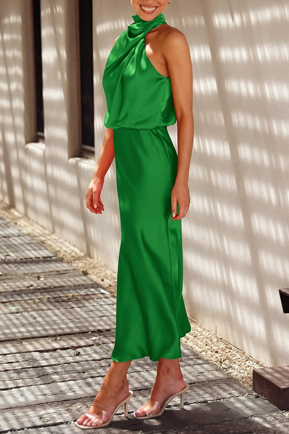image:imagePRETTYGARDEN Womens Summer Satin Maxi Cocktail Dress Silk FabricSleeveless Mock NeckFit and FlareAsymmetrical Long DressesElegant FormalWedding Guest PartyCruise OutfitsBright Green