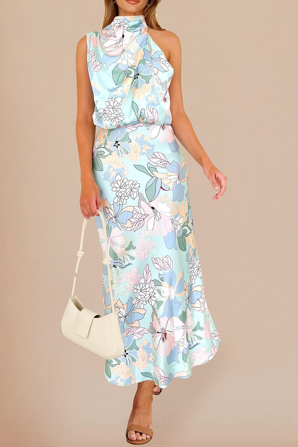image:imagePRETTYGARDEN Womens Summer Satin Maxi Cocktail Dress Silk FabricSleeveless Mock NeckFit and FlareAsymmetrical Long DressesElegant FormalWedding Guest PartyCruise OutfitsPrint Blue