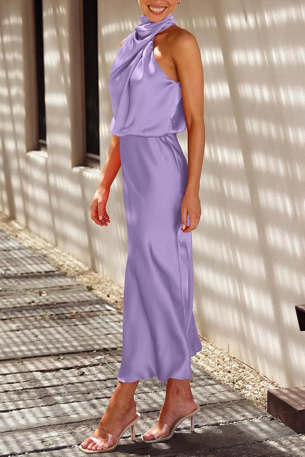 image:imagePRETTYGARDEN Womens Summer Satin Maxi Cocktail Dress Silk FabricSleeveless Mock NeckFit and FlareAsymmetrical Long DressesElegant FormalWedding Guest PartyCruise OutfitsPurple