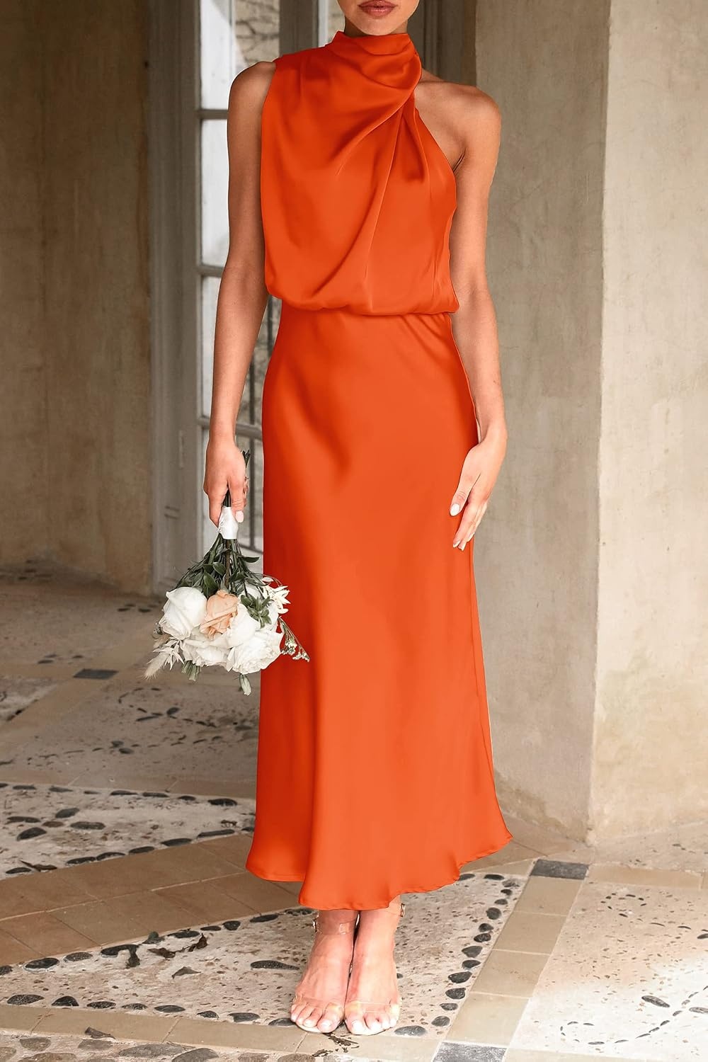 image:imagePRETTYGARDEN Womens Summer Satin Maxi Cocktail Dress Silk FabricSleeveless Mock NeckFit and FlareAsymmetrical Long DressesElegant FormalWedding Guest PartyCruise OutfitsOrange