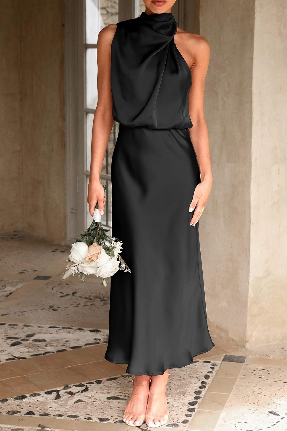 image:imagePRETTYGARDEN Womens Summer Satin Maxi Cocktail Dress Silk FabricSleeveless Mock NeckFit and FlareAsymmetrical Long DressesElegant FormalWedding Guest PartyCruise OutfitsBlack