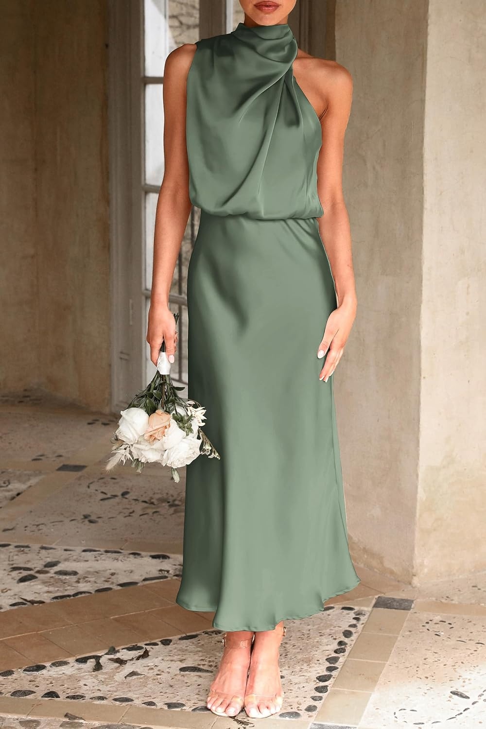 image:imagePRETTYGARDEN Womens Summer Satin Maxi Cocktail Dress Silk FabricSleeveless Mock NeckFit and FlareAsymmetrical Long DressesElegant FormalWedding Guest PartyCruise OutfitsArmy Green