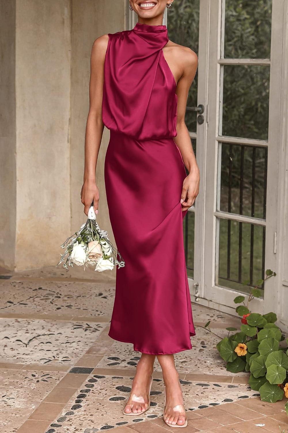 image:imagePRETTYGARDEN Womens Summer Satin Maxi Cocktail Dress Silk FabricSleeveless Mock NeckFit and FlareAsymmetrical Long DressesElegant FormalWedding Guest PartyCruise OutfitsDeep Red