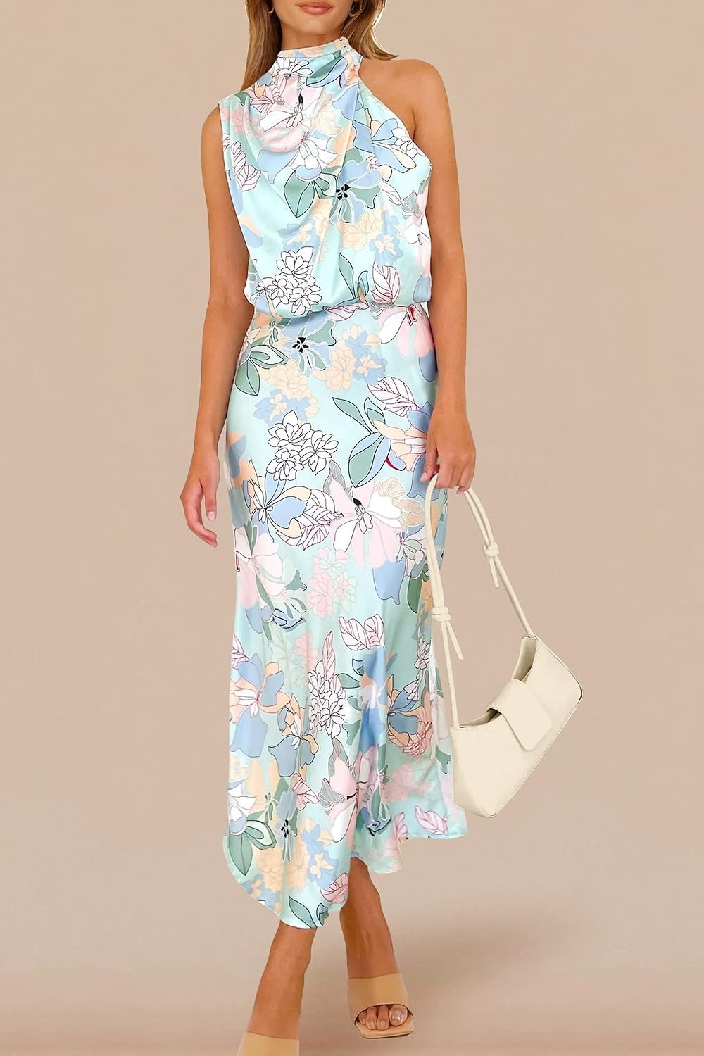 image:imagePRETTYGARDEN Womens Summer Satin Maxi Cocktail Dress Silk FabricSleeveless Mock NeckFit and FlareAsymmetrical Long DressesElegant FormalWedding Guest PartyCruise OutfitsPrint Blue