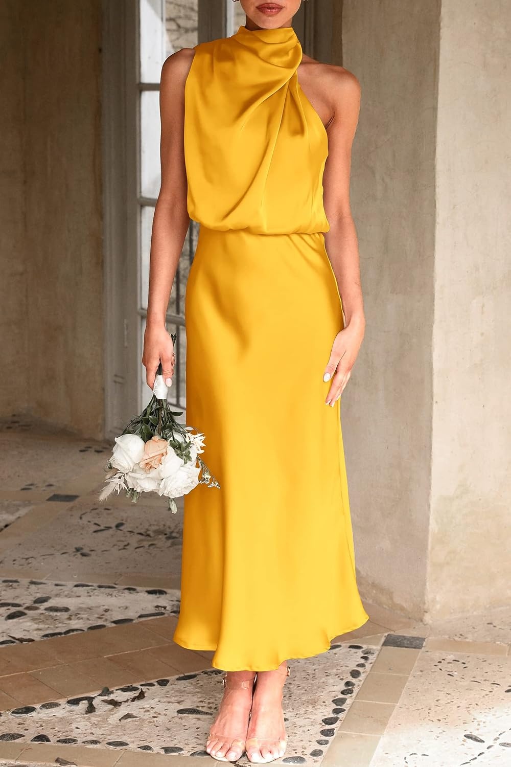 image:imagePRETTYGARDEN Womens Summer Satin Maxi Cocktail Dress Silk FabricSleeveless Mock NeckFit and FlareAsymmetrical Long DressesElegant FormalWedding Guest PartyCruise OutfitsYellow