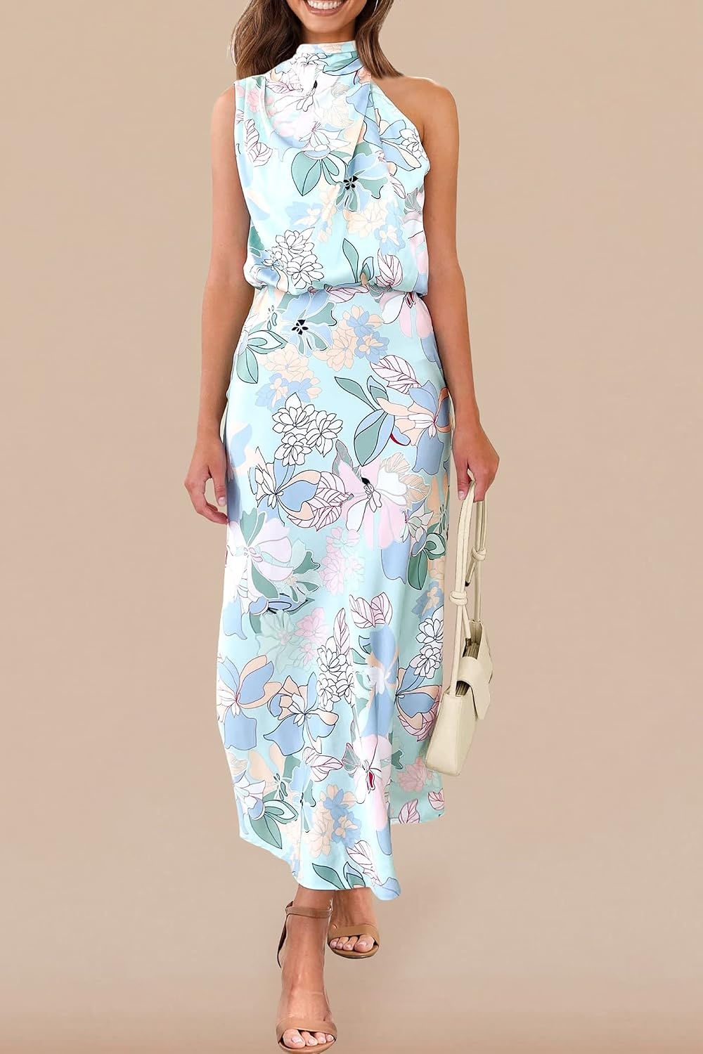 image:imagePRETTYGARDEN Womens Summer Satin Maxi Cocktail Dress Silk FabricSleeveless Mock NeckFit and FlareAsymmetrical Long DressesElegant FormalWedding Guest PartyCruise OutfitsPrint Blue