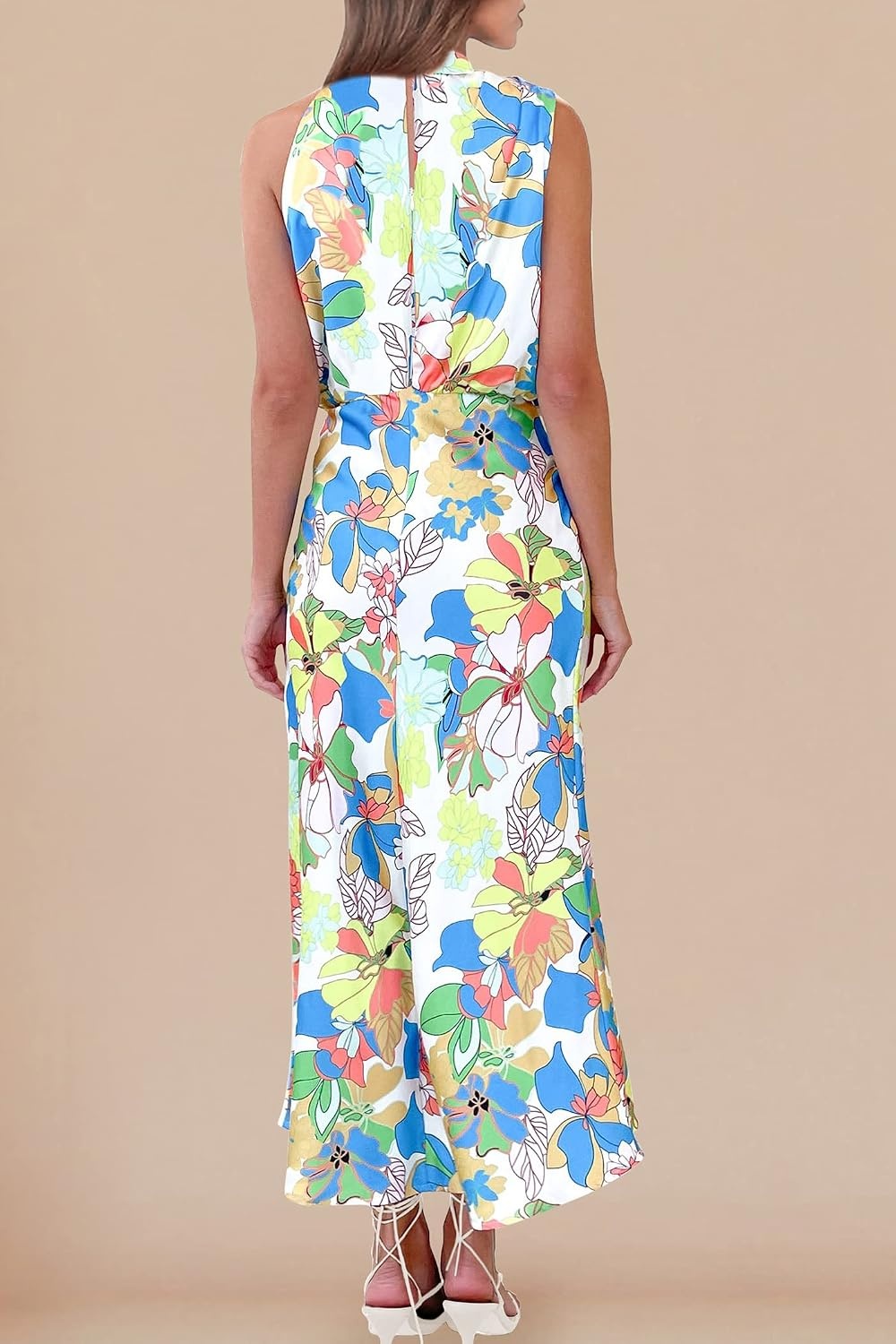 image:imagePRETTYGARDEN Womens Summer Satin Maxi Cocktail Dress Silk FabricSleeveless Mock NeckFit and FlareAsymmetrical Long DressesElegant FormalWedding Guest PartyCruise OutfitsPrint Multicolored