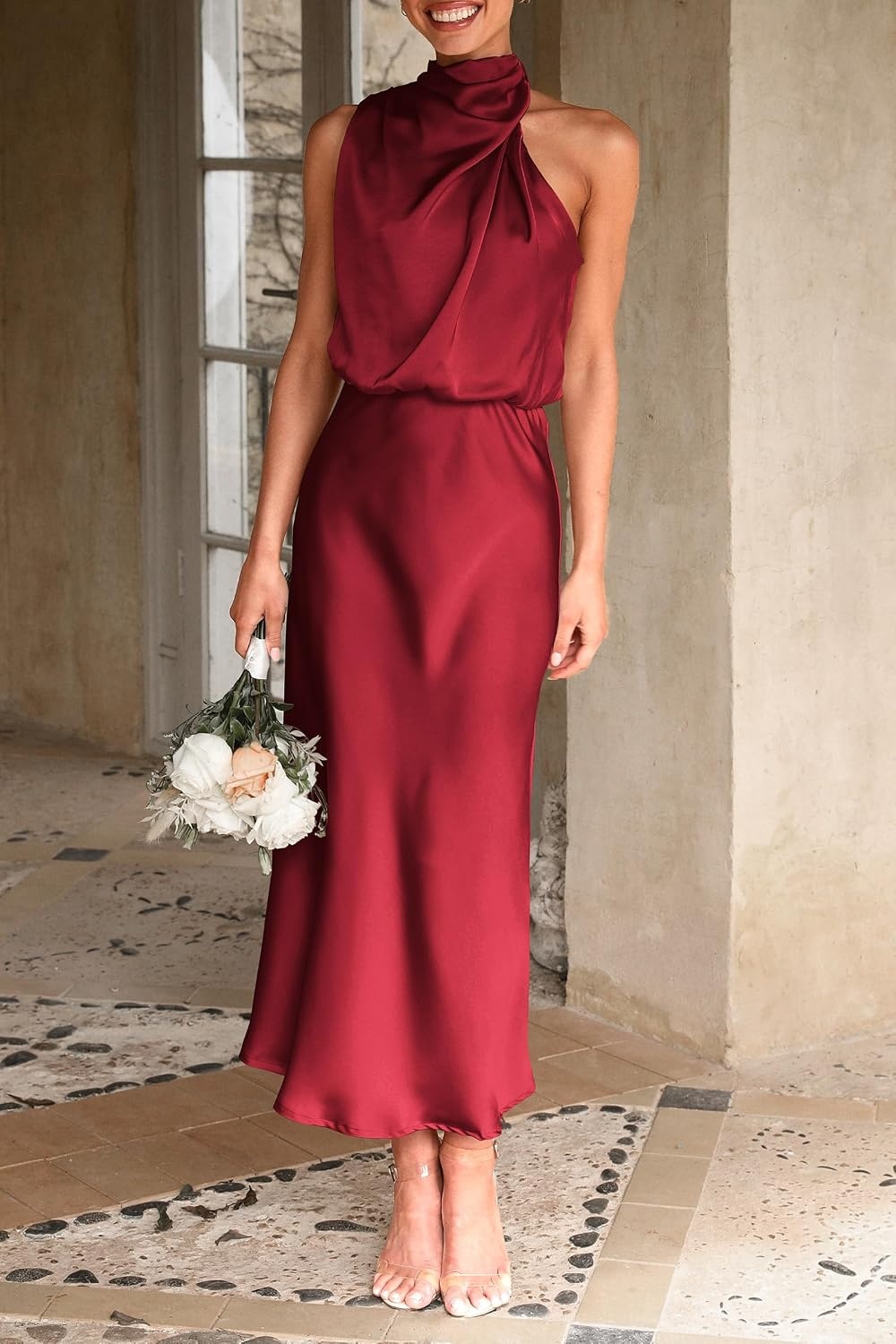 image:imagePRETTYGARDEN Womens Summer Satin Maxi Cocktail Dress Silk FabricSleeveless Mock NeckFit and FlareAsymmetrical Long DressesElegant FormalWedding Guest PartyCruise OutfitsDark Wine Red