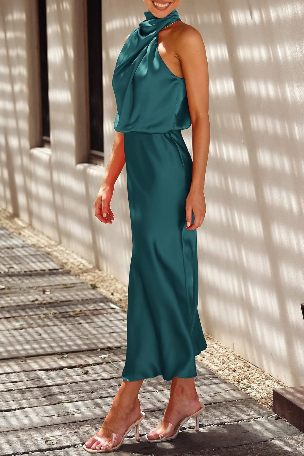 image:imagePRETTYGARDEN Womens Summer Satin Maxi Cocktail Dress Silk FabricSleeveless Mock NeckFit and FlareAsymmetrical Long DressesElegant FormalWedding Guest PartyCruise OutfitsDark Green