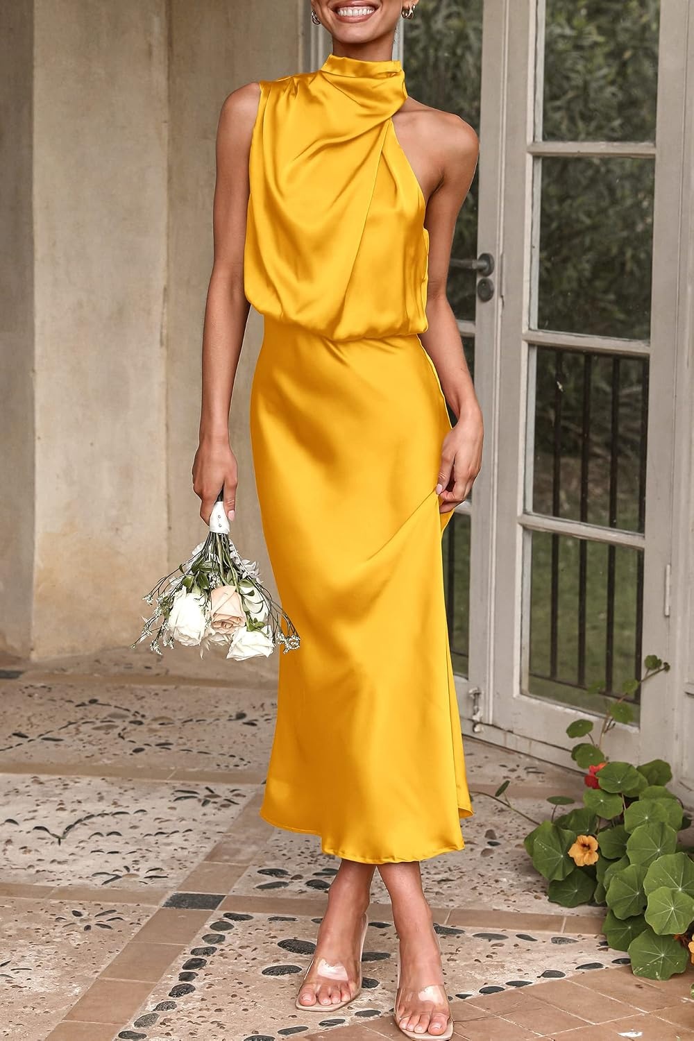 image:imagePRETTYGARDEN Womens Summer Satin Maxi Cocktail Dress Silk FabricSleeveless Mock NeckFit and FlareAsymmetrical Long DressesElegant FormalWedding Guest PartyCruise OutfitsYellow
