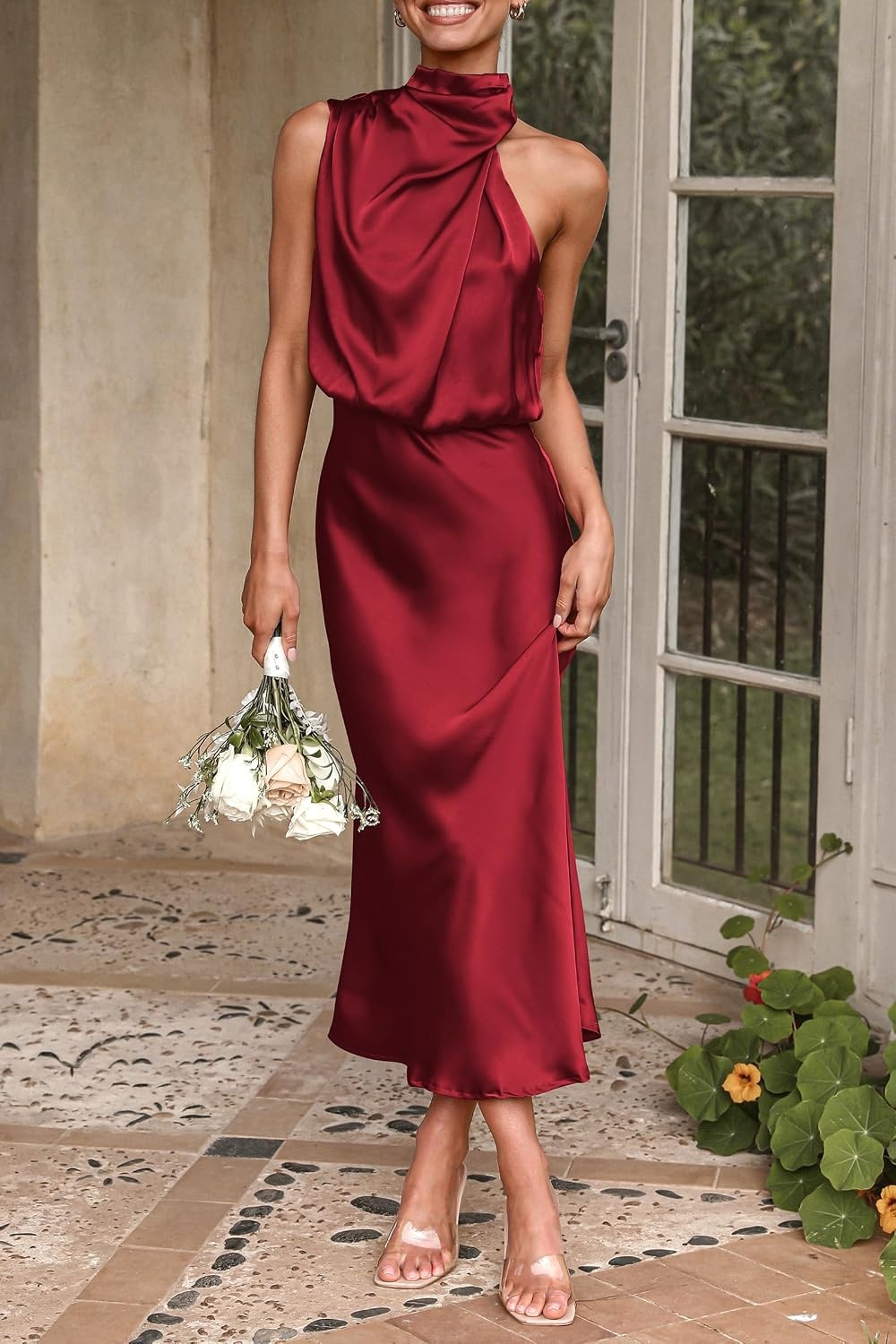 image:imagePRETTYGARDEN Womens Summer Satin Maxi Cocktail Dress Silk FabricSleeveless Mock NeckFit and FlareAsymmetrical Long DressesElegant FormalWedding Guest PartyCruise OutfitsDark Wine Red