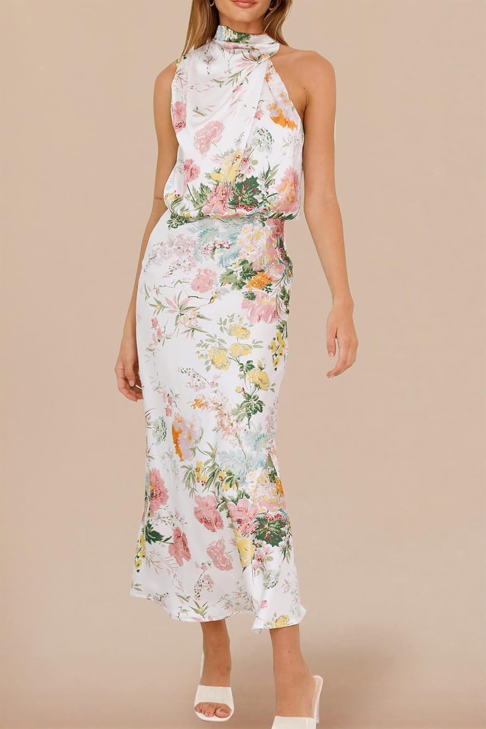 image:imagePRETTYGARDEN Womens Summer Satin Maxi Cocktail Dress Silk FabricSleeveless Mock NeckFit and FlareAsymmetrical Long DressesElegant FormalWedding Guest PartyCruise OutfitsPrint White