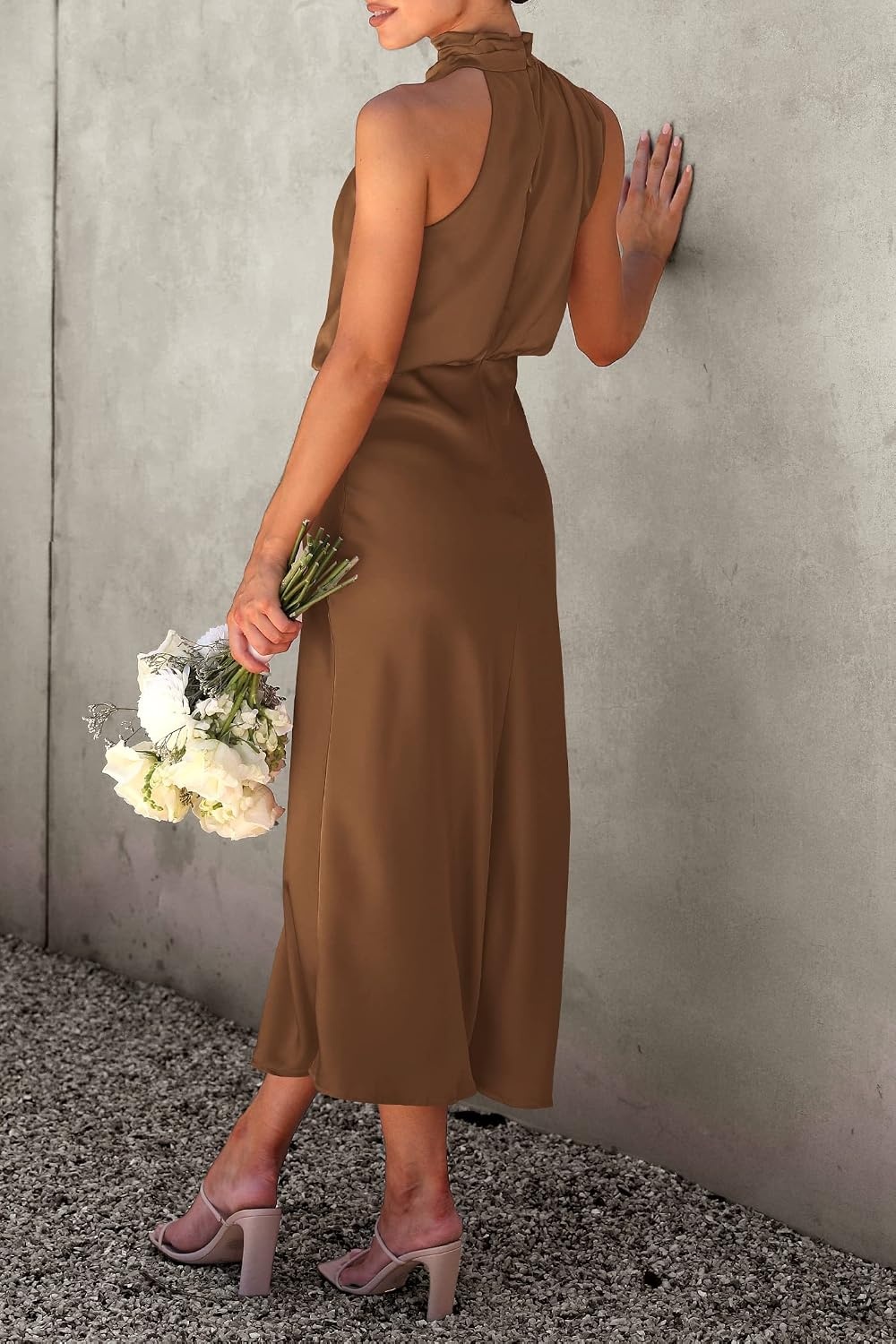 image:imagePRETTYGARDEN Womens Summer Satin Maxi Cocktail Dress Silk FabricSleeveless Mock NeckFit and FlareAsymmetrical Long DressesElegant FormalWedding Guest PartyCruise OutfitsKhaki