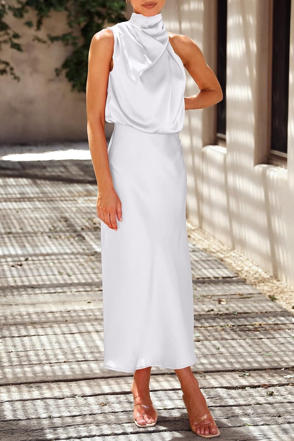 image:imagePRETTYGARDEN Womens Summer Satin Maxi Cocktail Dress Silk FabricSleeveless Mock NeckFit and FlareAsymmetrical Long DressesElegant FormalWedding Guest PartyCruise OutfitsWhite