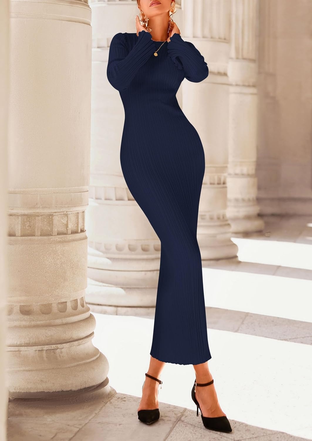 image:imagePRETTYGARDEN Womens Sweater Dress Long Sleeve Maxi Dresses Bell Sleeve Stretchy Ribbed Knit Long Bodycon Fall Winter Wedding Guest Dress Classy Party Holiday Outfits Fashion ClothesNavy Blue