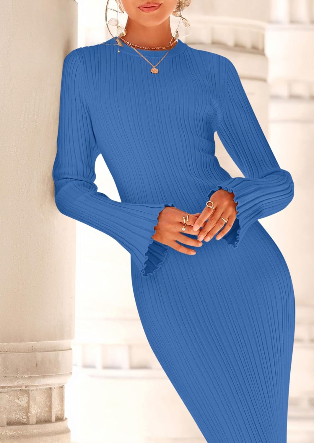 image:imagePRETTYGARDEN Womens Sweater Dress Long Sleeve Maxi Dresses Bell Sleeve Stretchy Ribbed Knit Long Bodycon Fall Winter Wedding Guest Dress Classy Party Holiday Outfits Fashion ClothesSky Blue