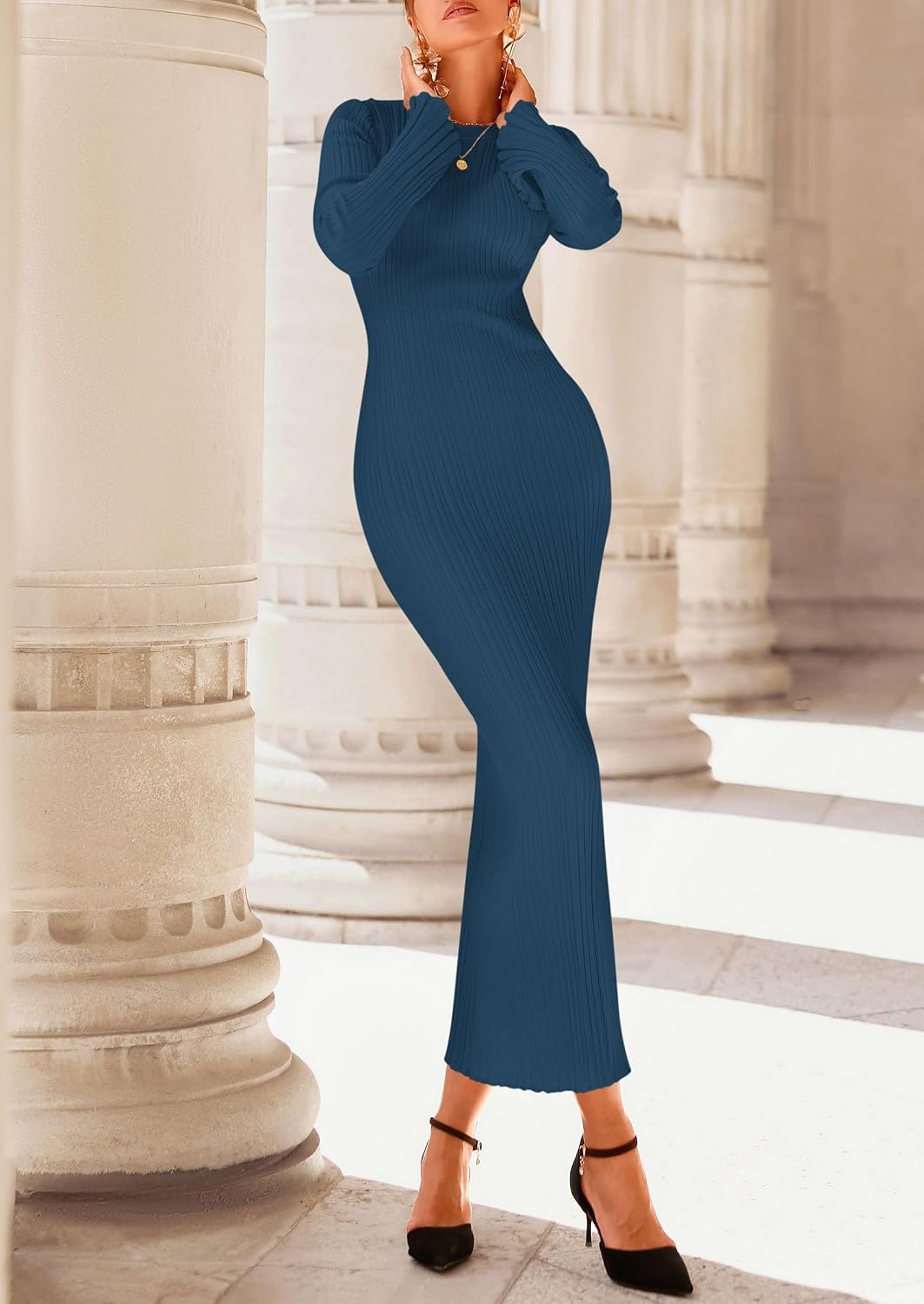 image:imagePRETTYGARDEN Womens Sweater Dress Long Sleeve Maxi Dresses Bell Sleeve Stretchy Ribbed Knit Long Bodycon Fall Winter Wedding Guest Dress Classy Party Holiday Outfits Fashion ClothesDark Blue