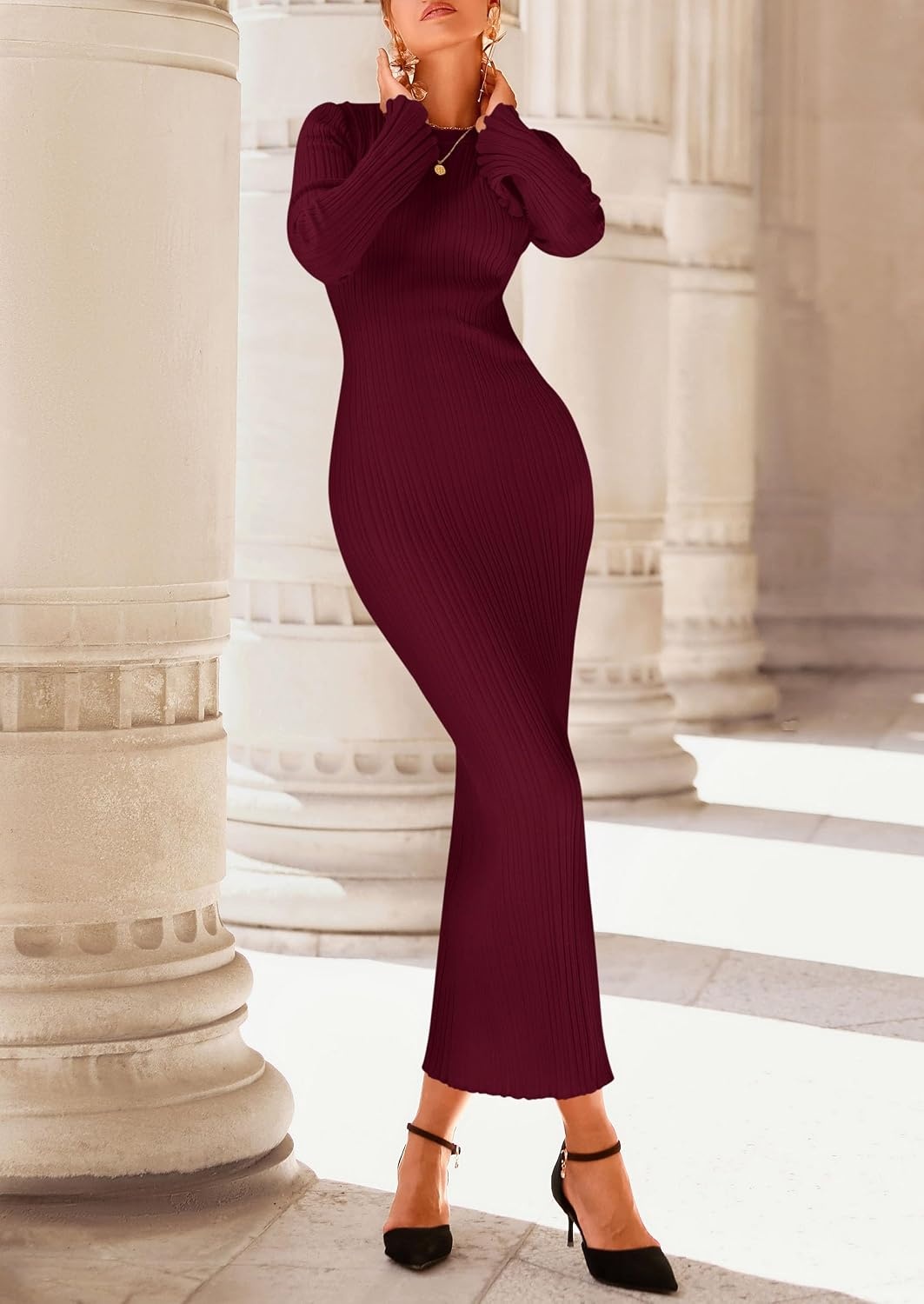 image:imagePRETTYGARDEN Womens Sweater Dress Long Sleeve Maxi Dresses Bell Sleeve Stretchy Ribbed Knit Long Bodycon Fall Winter Wedding Guest Dress Classy Party Holiday Outfits Fashion ClothesWine Red