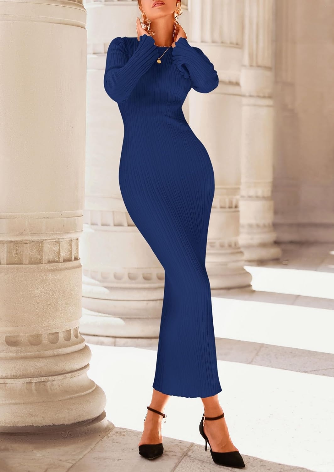 image:imagePRETTYGARDEN Womens Sweater Dress Long Sleeve Maxi Dresses Bell Sleeve Stretchy Ribbed Knit Long Bodycon Fall Winter Wedding Guest Dress Classy Party Holiday Outfits Fashion ClothesRoyal Blue
