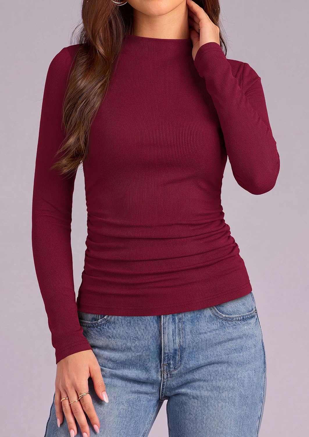 image:imagePRETTYGARDEN Womens Tops Casual Mock Neck Long Sleeve Shirts Soft Stretchy Ribbed Knit Ruched Slim Fit Going Out Tops Work Date Outfits Y2K Clothes 2026 Fall Winter Basic LayeringBurgundy