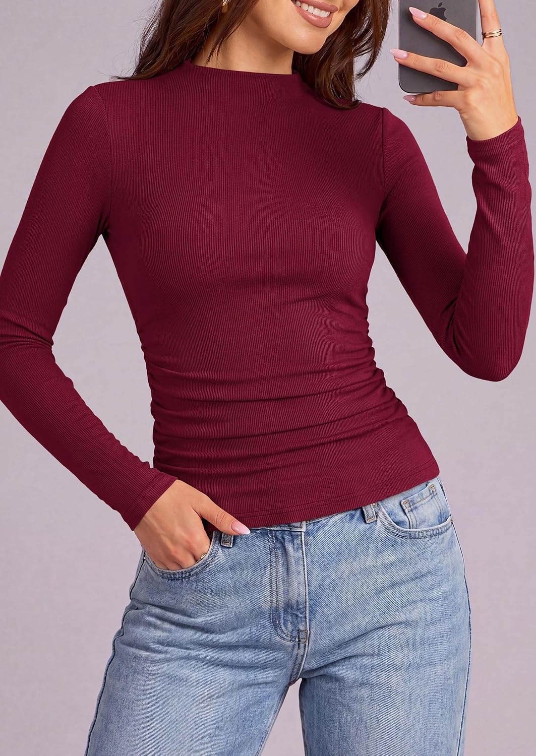 image:imagePRETTYGARDEN Womens Tops Casual Mock Neck Long Sleeve Shirts Soft Stretchy Ribbed Knit Ruched Slim Fit Going Out Tops Work Date Outfits Y2K Clothes 2026 Fall Winter Basic LayeringBurgundy