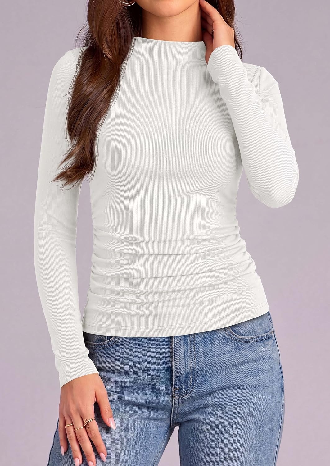 image:imagePRETTYGARDEN Womens Tops Casual Mock Neck Long Sleeve Shirts Soft Stretchy Ribbed Knit Ruched Slim Fit Going Out Tops Work Date Outfits Y2K Clothes 2026 Fall Winter Basic LayeringWhite