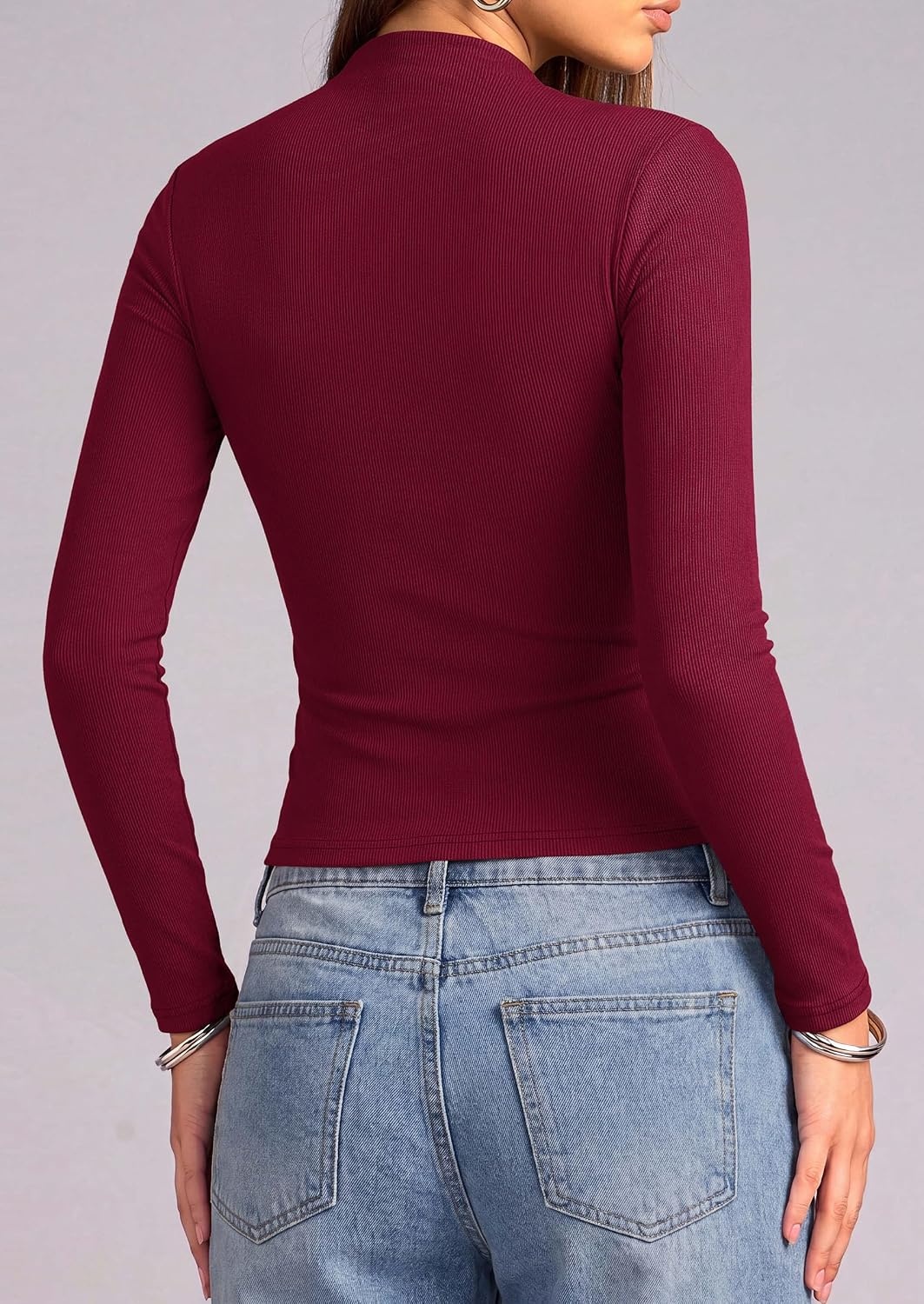 image:imagePRETTYGARDEN Womens Tops Casual Mock Neck Long Sleeve Shirts Soft Stretchy Ribbed Knit Ruched Slim Fit Going Out Tops Work Date Outfits Y2K Clothes 2026 Fall Winter Basic LayeringBurgundy