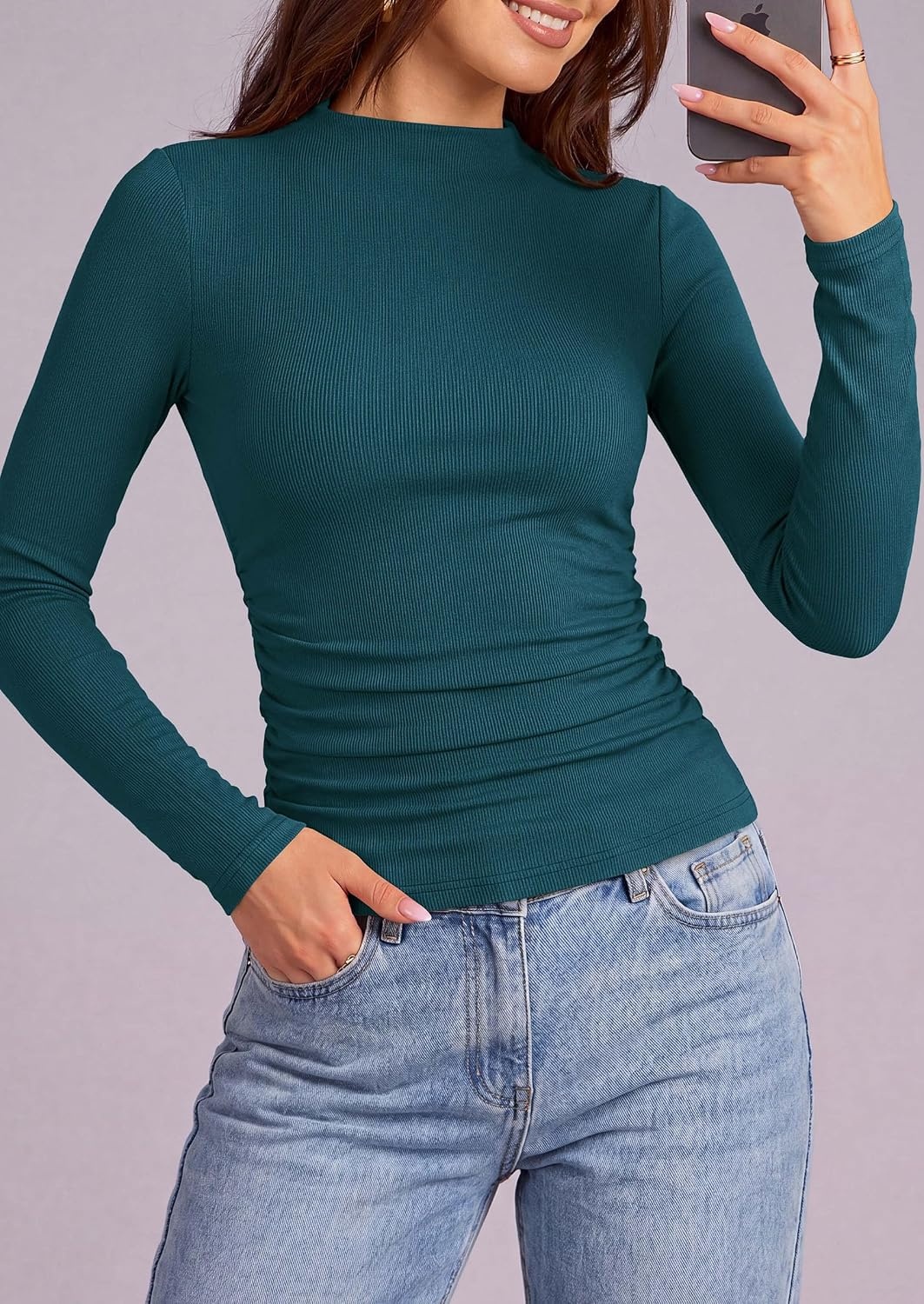 image:imagePRETTYGARDEN Womens Tops Casual Mock Neck Long Sleeve Shirts Soft Stretchy Ribbed Knit Ruched Slim Fit Going Out Tops Work Date Outfits Y2K Clothes 2026 Fall Winter Basic LayeringTeal