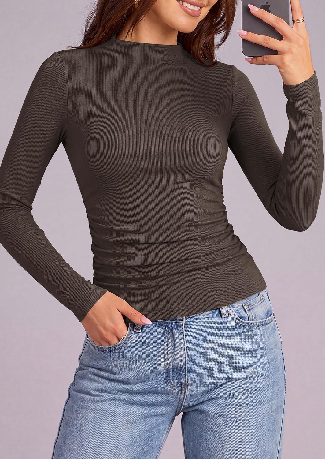 image:imagePRETTYGARDEN Womens Tops Casual Mock Neck Long Sleeve Shirts Soft Stretchy Ribbed Knit Ruched Slim Fit Going Out Tops Work Date Outfits Y2K Clothes 2026 Fall Winter Basic LayeringBrown