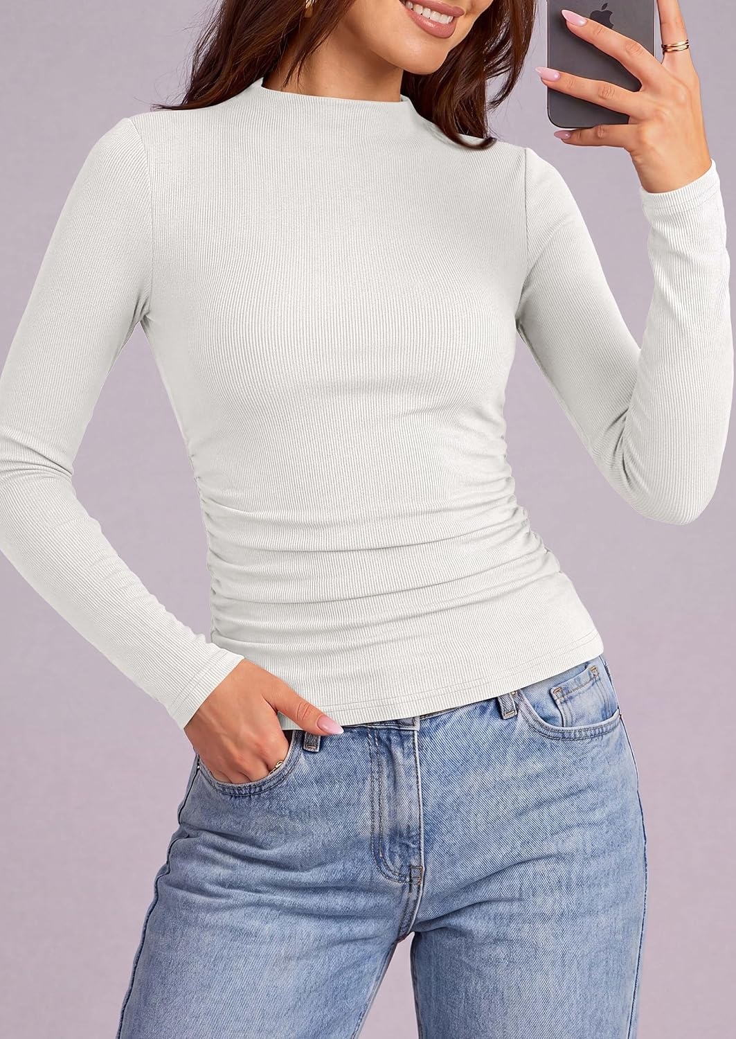 image:imagePRETTYGARDEN Womens Tops Casual Mock Neck Long Sleeve Shirts Soft Stretchy Ribbed Knit Ruched Slim Fit Going Out Tops Work Date Outfits Y2K Clothes 2026 Fall Winter Basic LayeringWhite