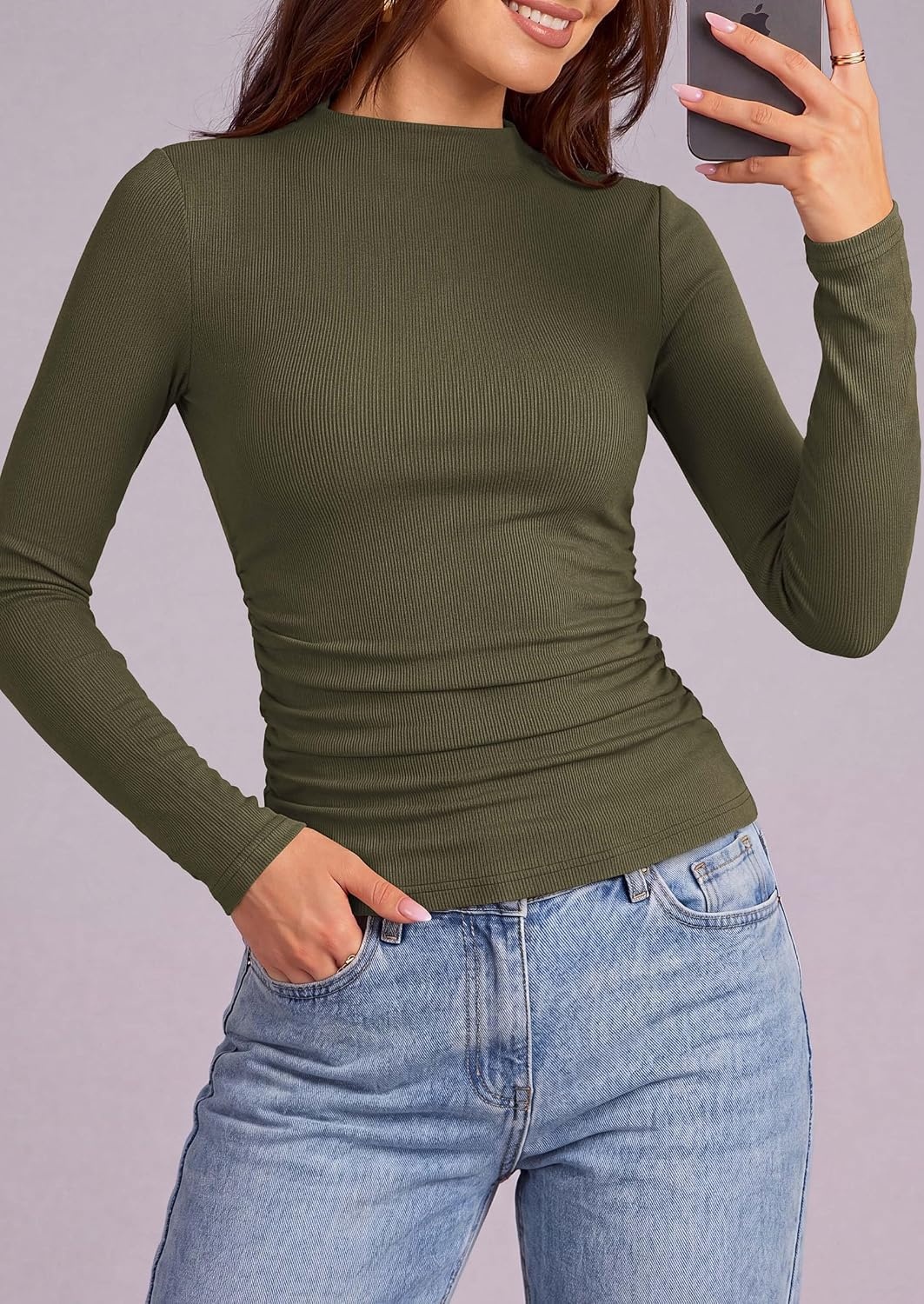 image:imagePRETTYGARDEN Womens Tops Casual Mock Neck Long Sleeve Shirts Soft Stretchy Ribbed Knit Ruched Slim Fit Going Out Tops Work Date Outfits Y2K Clothes 2026 Fall Winter Basic LayeringArmy Green