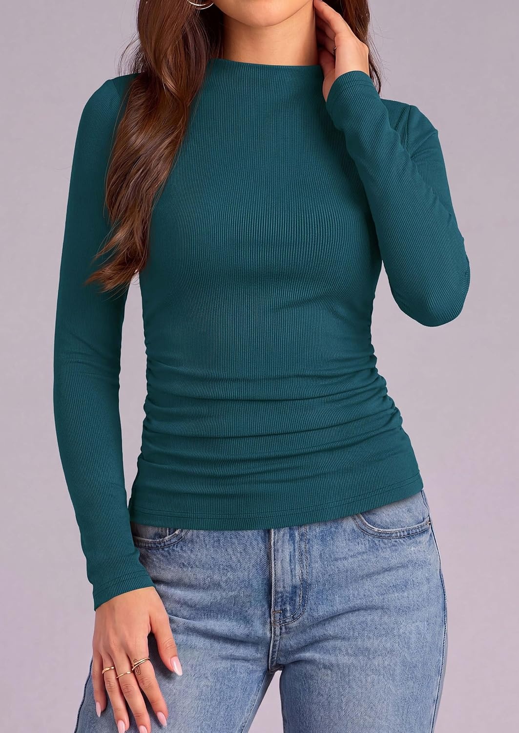 image:imagePRETTYGARDEN Womens Tops Casual Mock Neck Long Sleeve Shirts Soft Stretchy Ribbed Knit Ruched Slim Fit Going Out Tops Work Date Outfits Y2K Clothes 2026 Fall Winter Basic LayeringTeal