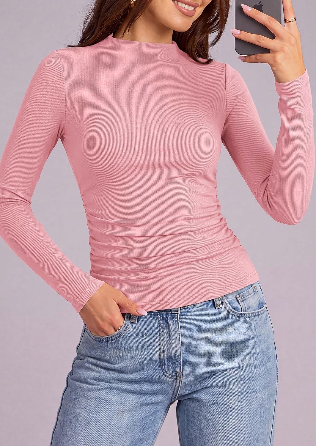 image:imagePRETTYGARDEN Womens Tops Casual Mock Neck Long Sleeve Shirts Soft Stretchy Ribbed Knit Ruched Slim Fit Going Out Tops Work Date Outfits Y2K Clothes 2026 Fall Winter Basic LayeringPink