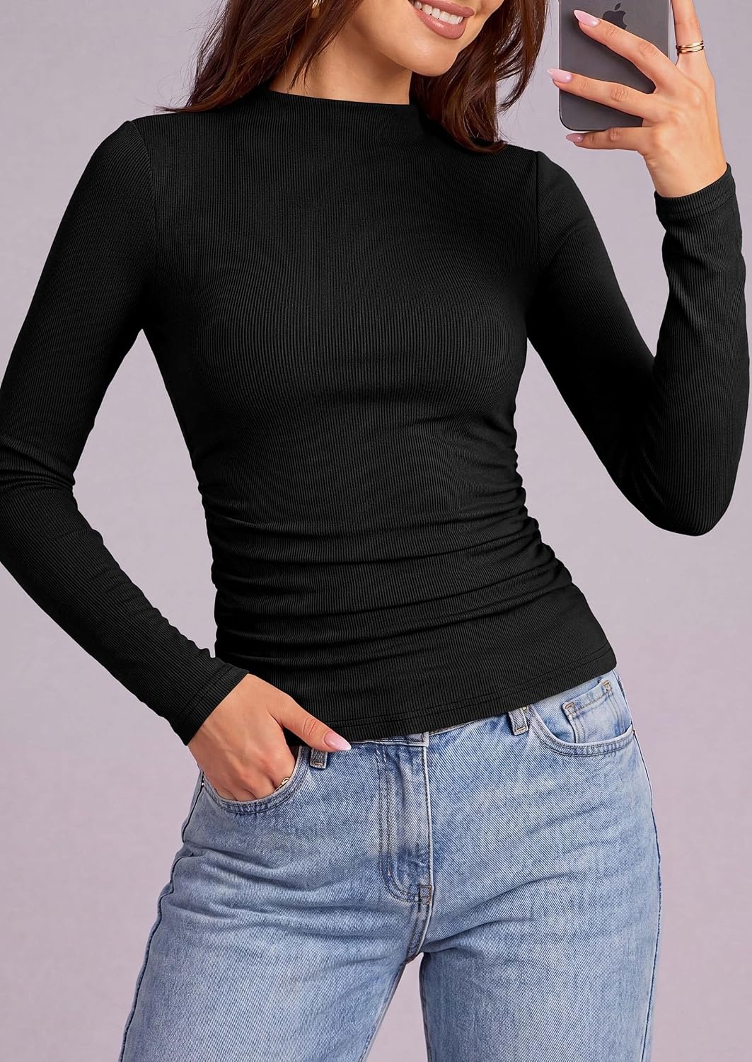 image:imagePRETTYGARDEN Womens Tops Casual Mock Neck Long Sleeve Shirts Soft Stretchy Ribbed Knit Ruched Slim Fit Going Out Tops Work Date Outfits Y2K Clothes 2026 Fall Winter Basic LayeringBlack