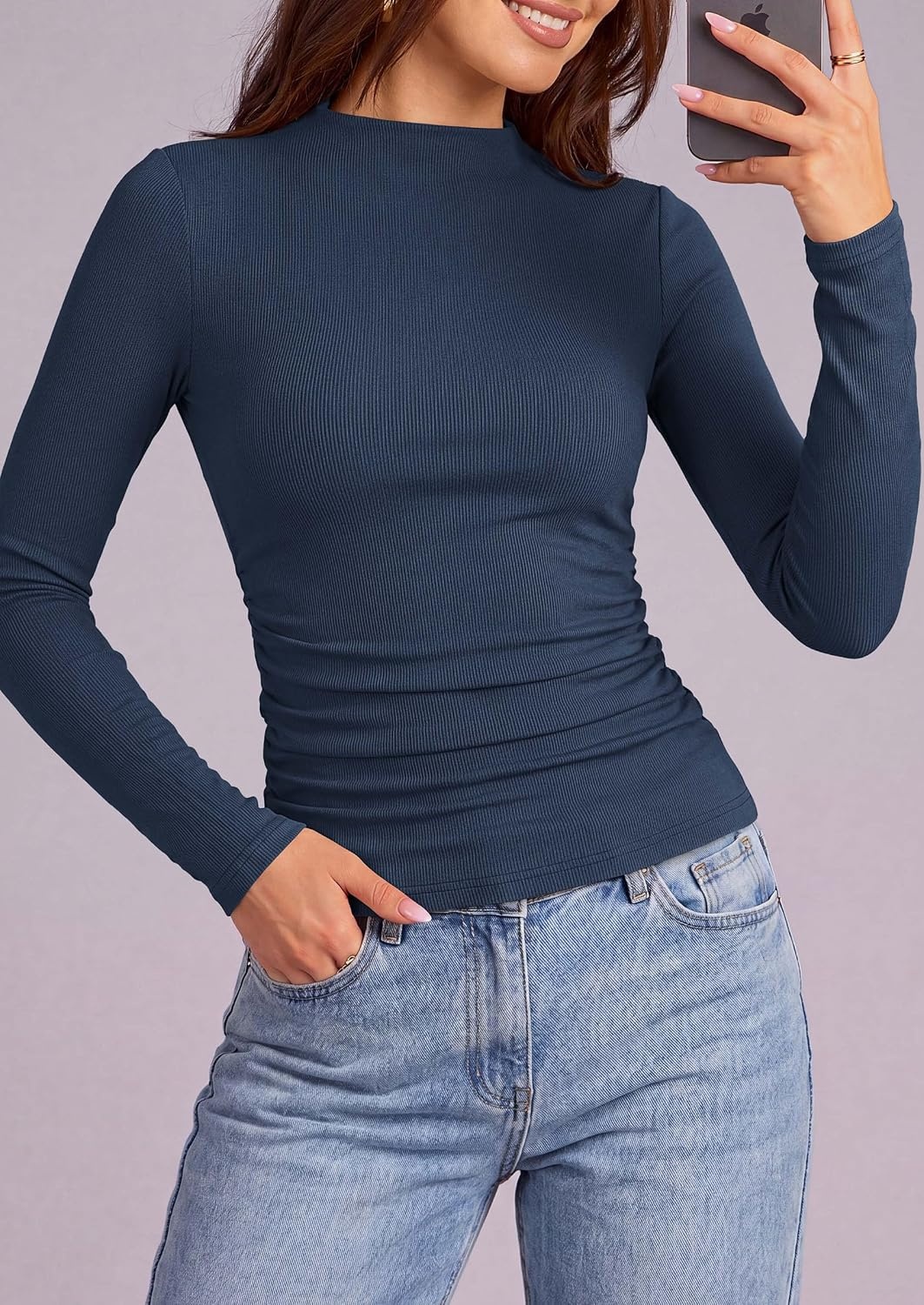 image:imagePRETTYGARDEN Womens Tops Casual Mock Neck Long Sleeve Shirts Soft Stretchy Ribbed Knit Ruched Slim Fit Going Out Tops Work Date Outfits Y2K Clothes 2026 Fall Winter Basic LayeringRoyal Blue