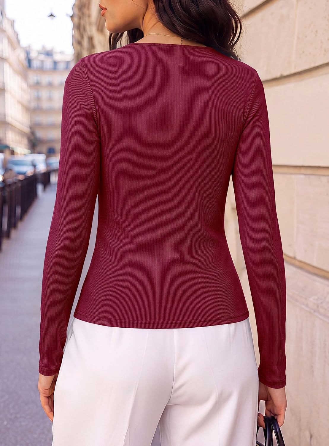 image:imagePRETTYGARDEN Womens Tops Dressy Long Sleeve V Neck Blouses Ribbed Knit Wrap Top Asymmetrical Hem Ruched Elegant Shirts for Work Date Night Cocktail Party Fall Clothes Deco BuckleBurgundy