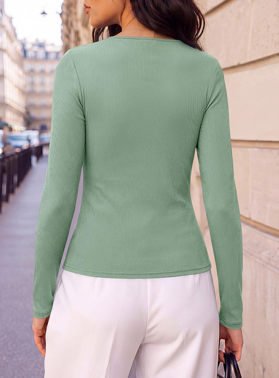 image:imagePRETTYGARDEN Womens Tops Dressy Long Sleeve V Neck Blouses Ribbed Knit Wrap Top Asymmetrical Hem Ruched Elegant Shirts for Work Date Night Cocktail Party Fall Clothes Deco BuckleSage Green