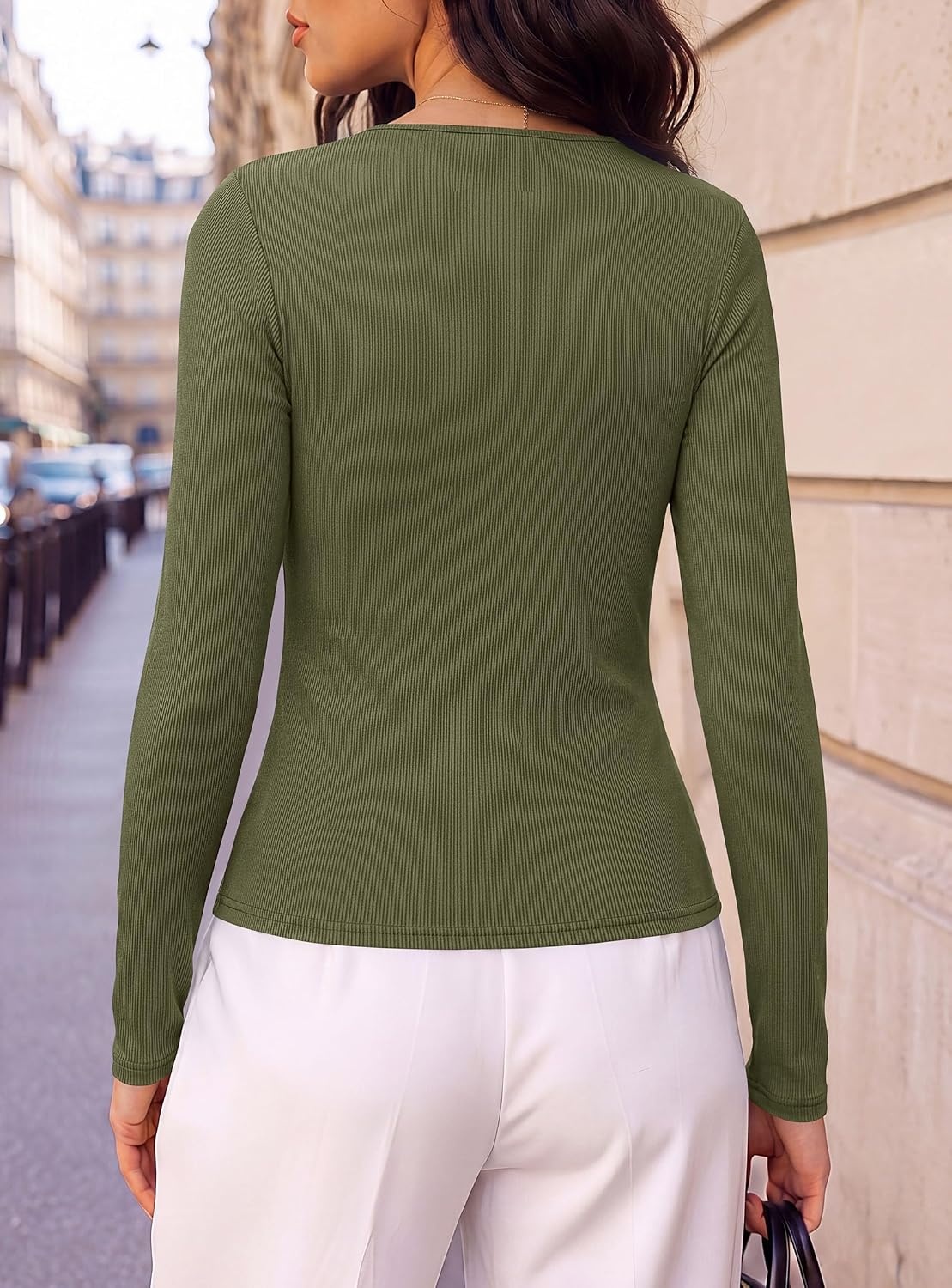 image:imagePRETTYGARDEN Womens Tops Dressy Long Sleeve V Neck Blouses Ribbed Knit Wrap Top Asymmetrical Hem Ruched Elegant Shirts for Work Date Night Cocktail Party Fall Clothes Deco BuckleArmy Green