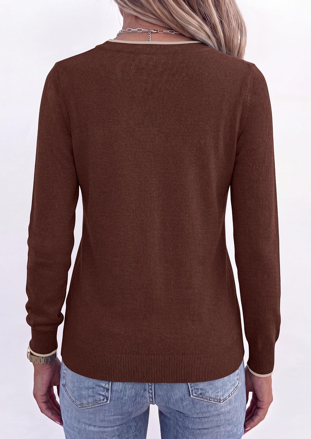 image:imagePRETTYGARDEN Womens V Neck Sweater Long Sleeve Knit Tops Contrast Trim Cozy Lightweight Pullover Loose Basic Soft Business Casual Holiday Vacation Outfits Fall Winter ClothesBrown