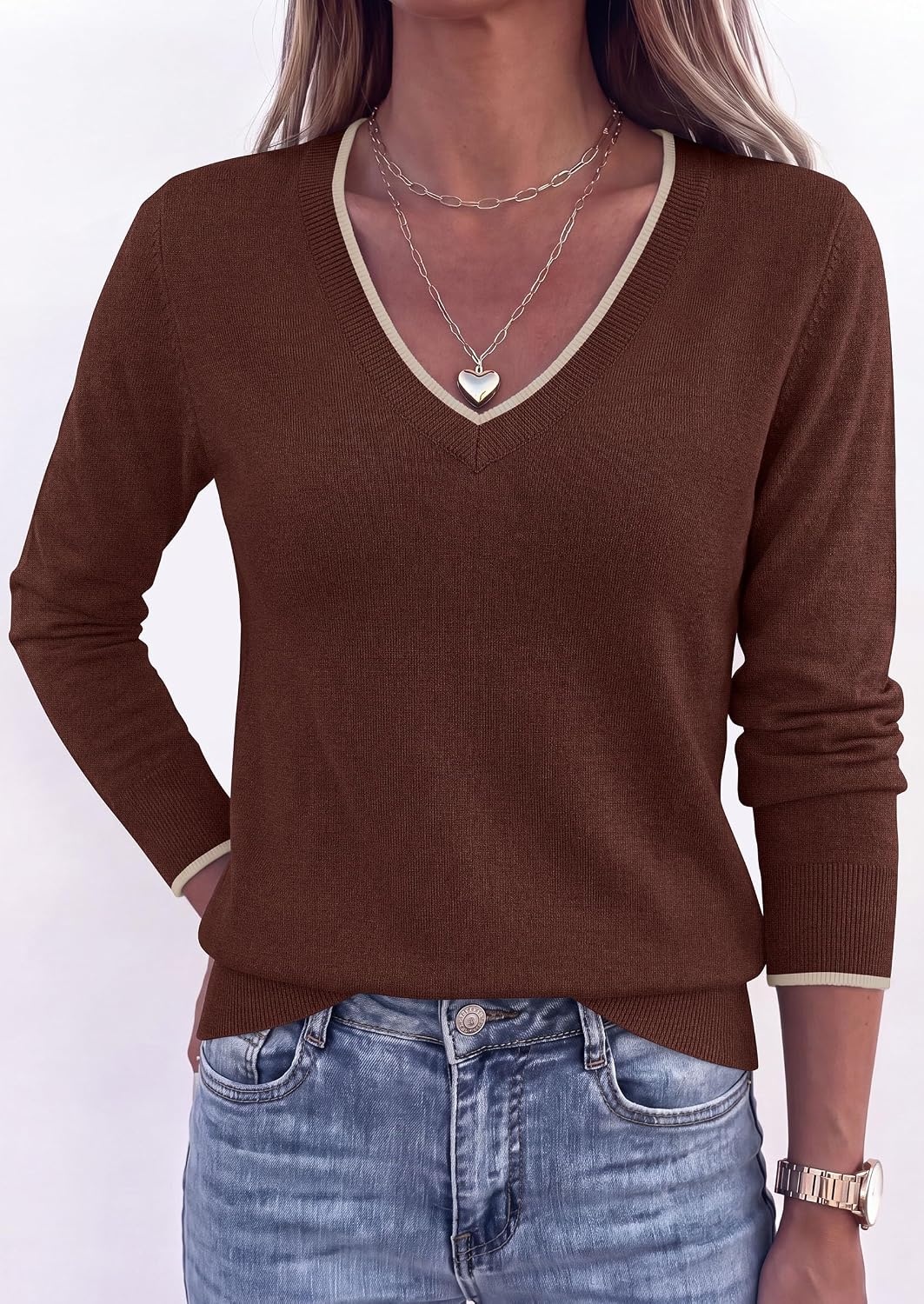 image:imagePRETTYGARDEN Womens V Neck Sweater Long Sleeve Knit Tops Contrast Trim Cozy Lightweight Pullover Loose Basic Soft Business Casual Holiday Vacation Outfits Fall Winter ClothesBrown