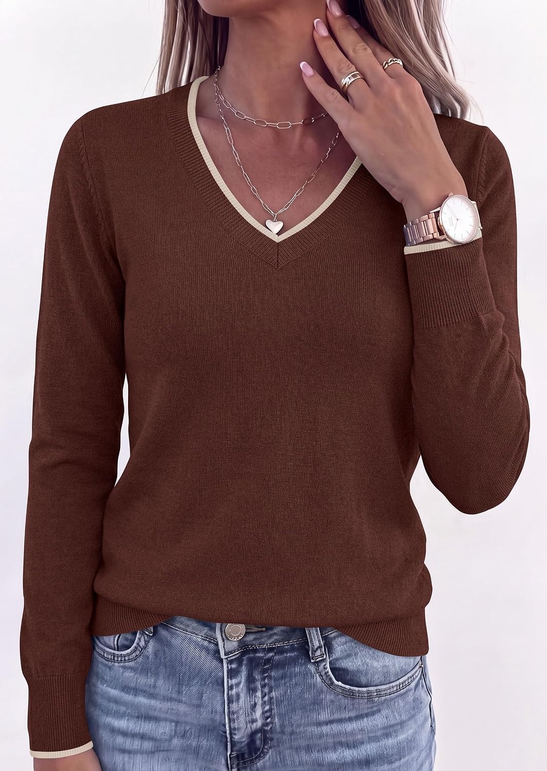 image:imagePRETTYGARDEN Womens V Neck Sweater Long Sleeve Knit Tops Contrast Trim Cozy Lightweight Pullover Loose Basic Soft Business Casual Holiday Vacation Outfits Fall Winter ClothesBrown