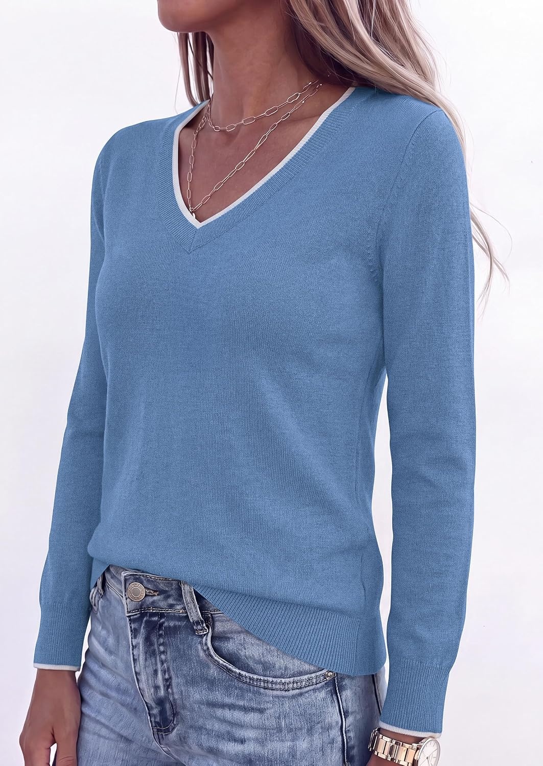 image:imagePRETTYGARDEN Womens V Neck Sweater Long Sleeve Knit Tops Contrast Trim Cozy Lightweight Pullover Loose Basic Soft Business Casual Holiday Vacation Outfits Fall Winter ClothesGrey Blue