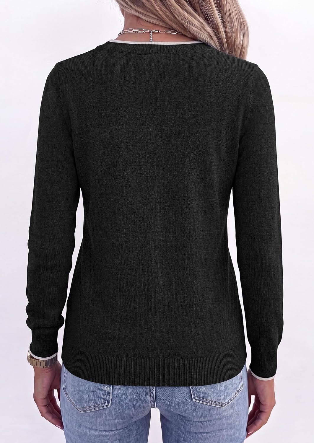 image:imagePRETTYGARDEN Womens V Neck Sweater Long Sleeve Knit Tops Contrast Trim Cozy Lightweight Pullover Loose Basic Soft Business Casual Holiday Vacation Outfits Fall Winter ClothesBlack