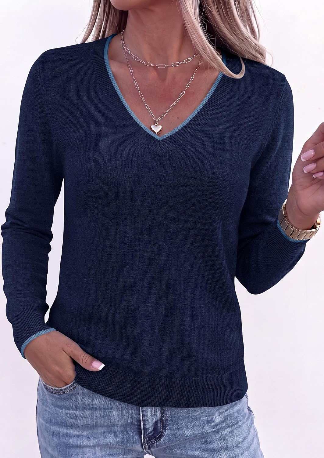 image:imagePRETTYGARDEN Womens V Neck Sweater Long Sleeve Knit Tops Contrast Trim Cozy Lightweight Pullover Loose Basic Soft Business Casual Holiday Vacation Outfits Fall Winter ClothesNavy Blue