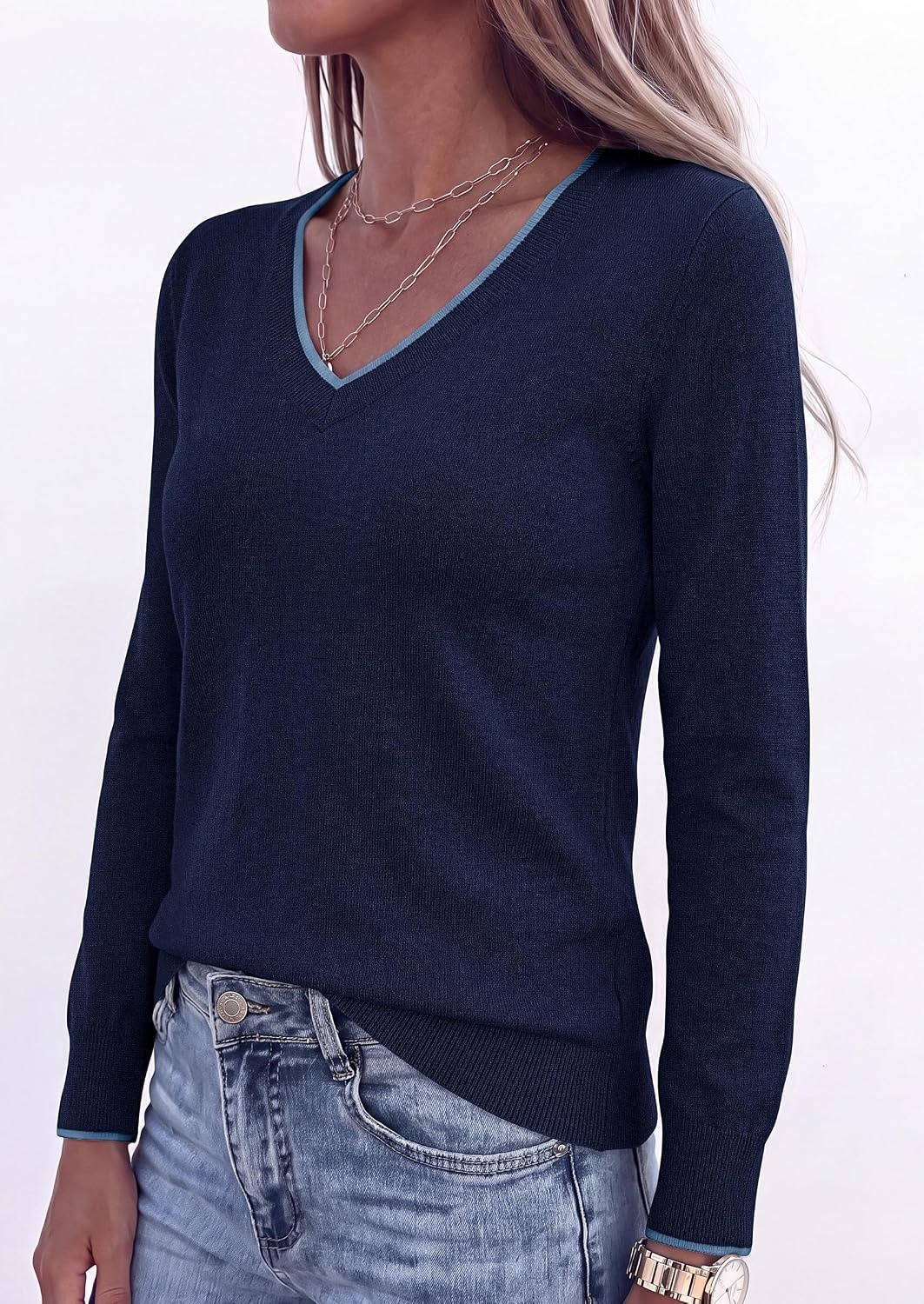 image:imagePRETTYGARDEN Womens V Neck Sweater Long Sleeve Knit Tops Contrast Trim Cozy Lightweight Pullover Loose Basic Soft Business Casual Holiday Vacation Outfits Fall Winter ClothesNavy Blue