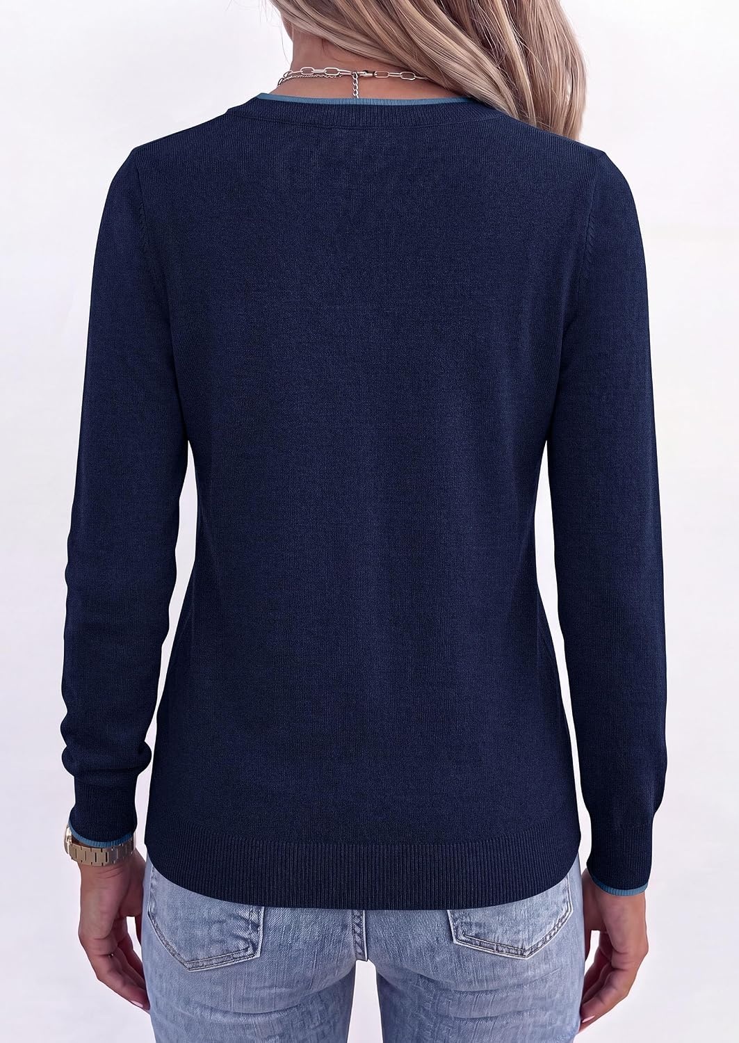 image:imagePRETTYGARDEN Womens V Neck Sweater Long Sleeve Knit Tops Contrast Trim Cozy Lightweight Pullover Loose Basic Soft Business Casual Holiday Vacation Outfits Fall Winter ClothesNavy Blue